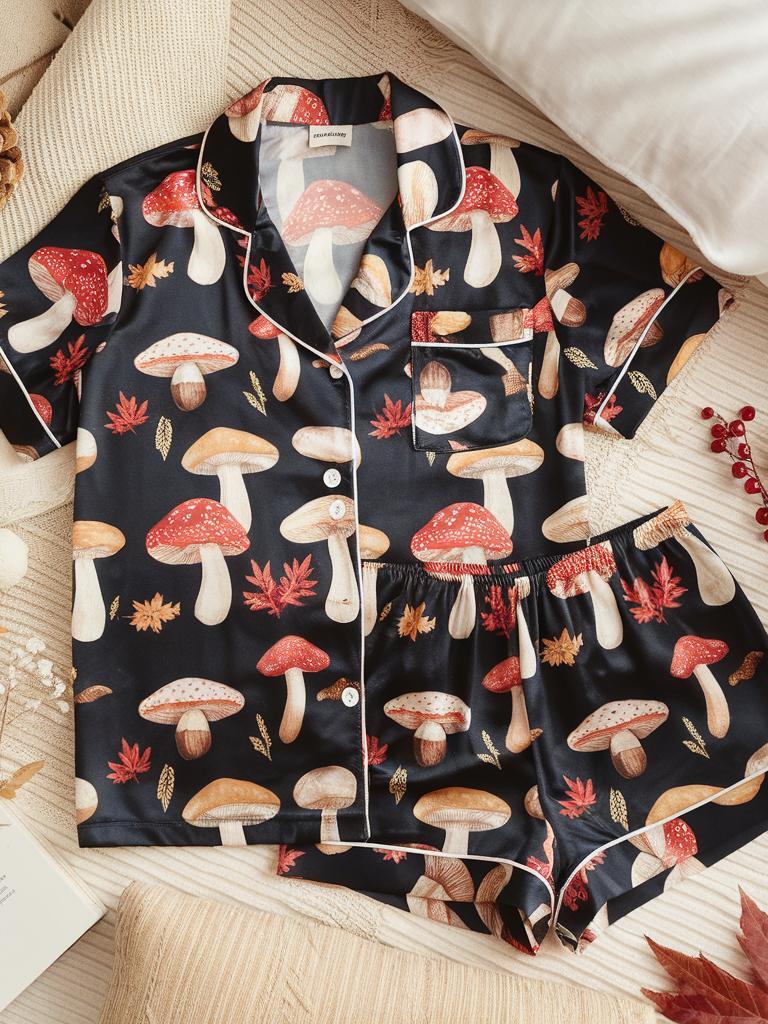 Colorful Mushroom Satin Pajamas Set, Halloween Pajamas Set, Fall Autumn Pajamas, Mystical Pajamas, Cozy Fall Pajamas Set, Family Pajamas Set