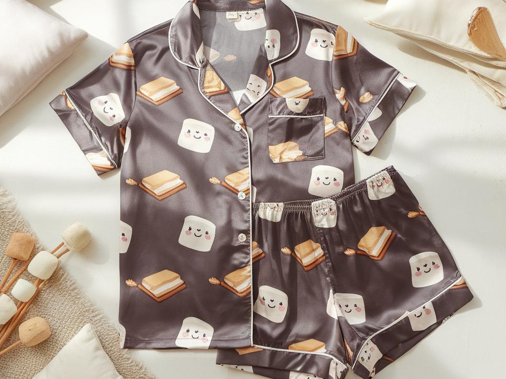 Cute S’mores Satin Pajamas Set, Cozy Fall Vibes Pajamas Set, Marshmallows Pajamas, Autumn Pajamas, Cozy Fall Pajamas Set, Family Pajamas Set