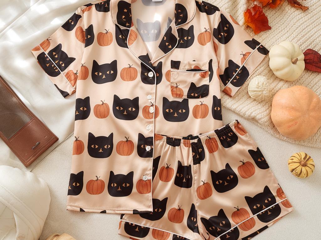 Pumpkins Cats Satin Pajamas Set, Halloween Pajamas Set, Pumpkins Pajamas, Mystical Pajamas, Black Cats Pajamas, Family Matching Pajamas Set