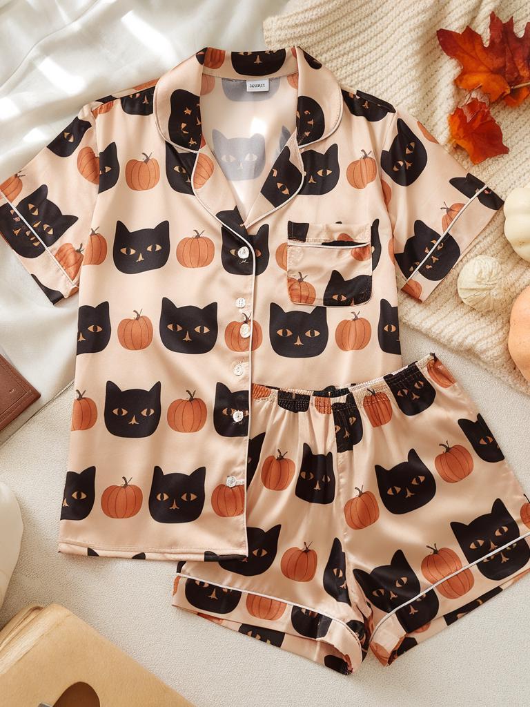 Pumpkins Cats Satin Pajamas Set, Halloween Pajamas Set, Pumpkins Pajamas, Mystical Pajamas, Black Cats Pajamas, Family Matching Pajamas Set
