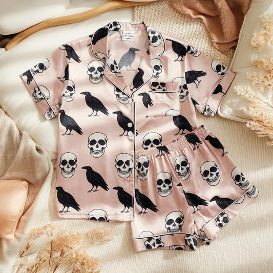 Black Crows and Skull Satin Pajamas Set, Halloween Pajamas Set, Black Crows Pajamas, Mystical Pajamas, Skull Pajama, Family Matching Pyjamas