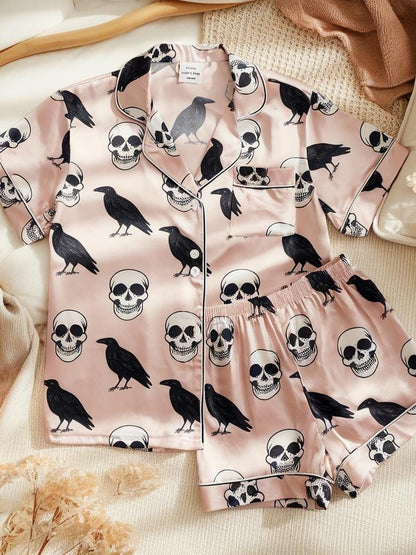 Black Crows and Skull Satin Pajamas Set, Halloween Pajamas Set, Black Crows Pajamas, Mystical Pajamas, Skull Pajama, Family Matching Pyjamas
