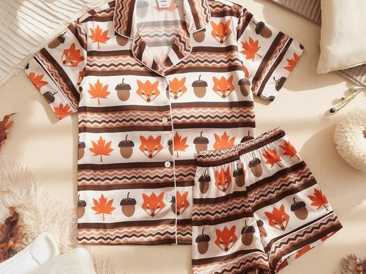 Fox, Maple Leaves and Acorns Satin Pajamas,  Cozy Fall Aesthetic Pajamas, Cozy Season Pjs, Autumn Pajamas, Fall Fox Pajamas, Family Pyjamas