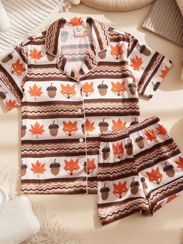 Fox, Maple Leaves and Acorns Satin Pajamas,  Cozy Fall Aesthetic Pajamas, Cozy Season Pjs, Autumn Pajamas, Fall Fox Pajamas, Family Pyjamas