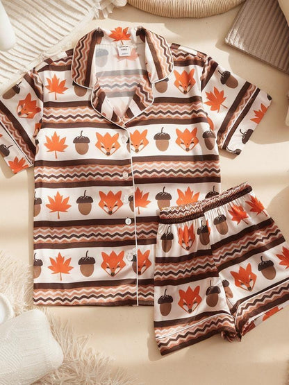 Fox, Maple Leaves and Acorns Satin Pajamas,  Cozy Fall Aesthetic Pajamas, Cozy Season Pjs, Autumn Pajamas, Fall Fox Pajamas, Family Pyjamas