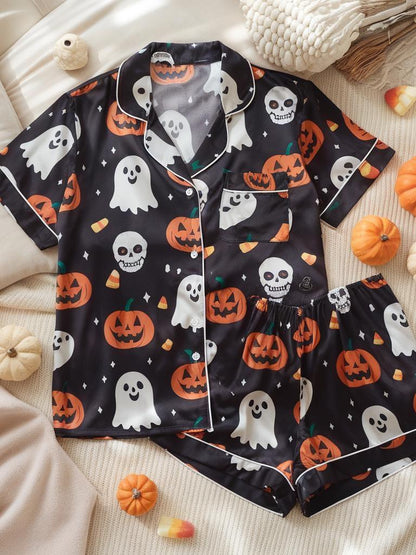 Halloween Satin Pajamas Set, Halloween Pjs, Ghost Halloween Pajamas, Pumpkin Ghost Skull Pajamas Set, Pumpkin Pajamas, Spooky Season Gift