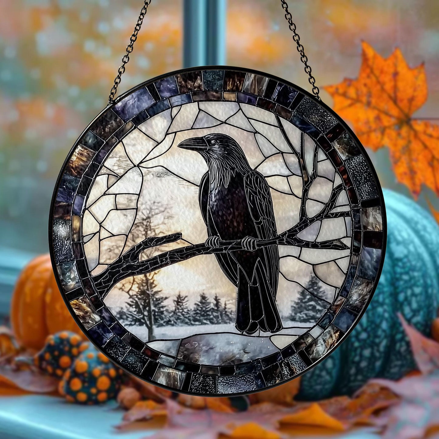 Raven Stained Glass Suncatcher, Round Hanging Window Panel, Black Bird on Branch, Gothic Winter Forest Home Decor, Handmade Glass Art Gift