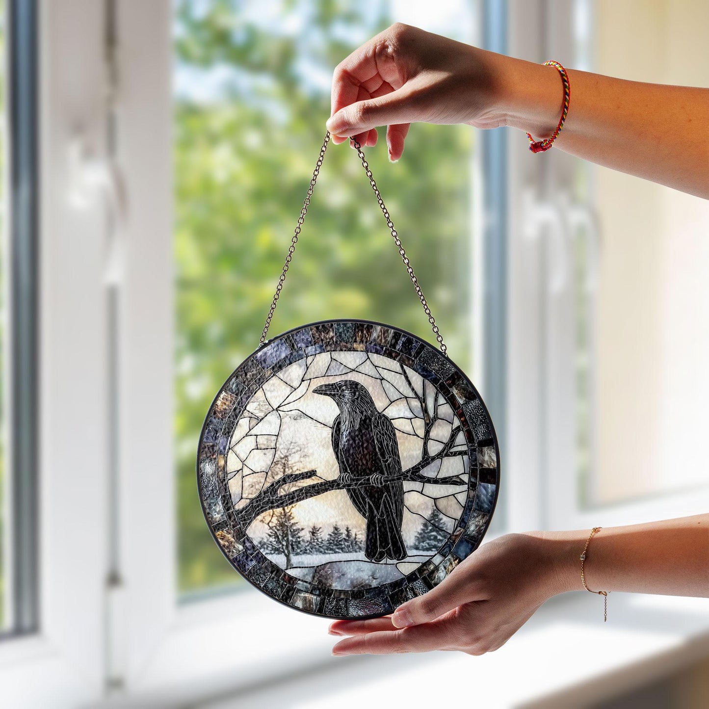 Raven Stained Glass Suncatcher, Round Hanging Window Panel, Black Bird on Branch, Gothic Winter Forest Home Decor, Handmade Glass Art Gift