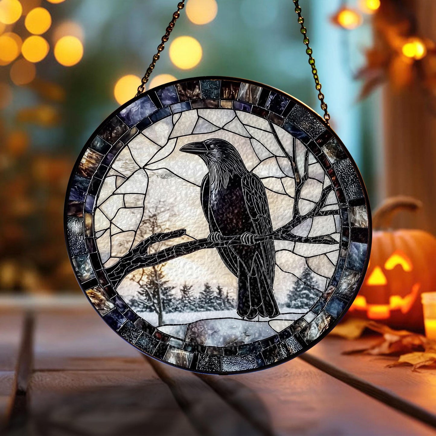 Raven Stained Glass Suncatcher, Round Hanging Window Panel, Black Bird on Branch, Gothic Winter Forest Home Decor, Handmade Glass Art Gift