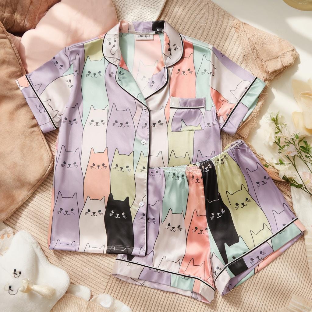 Autumn Cats Satin Pajamas Set, Halloween Pajamas Set, Cats Pajamas, Fall Cats Pajamas, Cozy Autumn Cats Pajamas, Family Matching Pajamas Set