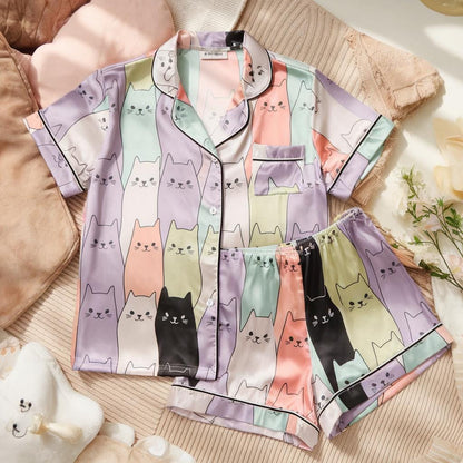 Autumn Cats Satin Pajamas Set, Halloween Pajamas Set, Cats Pajamas, Fall Cats Pajamas, Cozy Autumn Cats Pajamas, Family Matching Pajamas Set