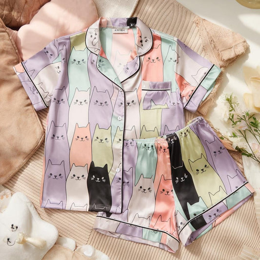 Autumn Cats Satin Pajamas Set, Halloween Pajamas Set, Cats Pajamas, Fall Cats Pajamas, Cozy Autumn Cats Pajamas, Family Matching Pajamas Set