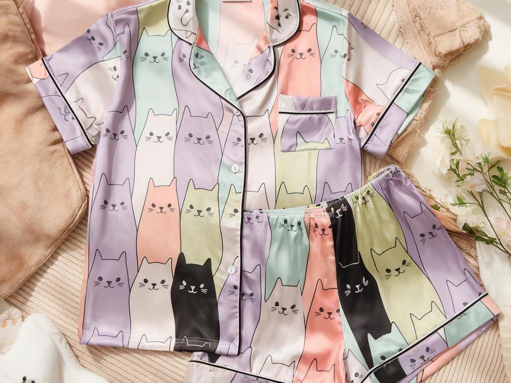 Autumn Cats Satin Pajamas Set, Halloween Pajamas Set, Cats Pajamas, Fall Cats Pajamas, Cozy Autumn Cats Pajamas, Family Matching Pajamas Set