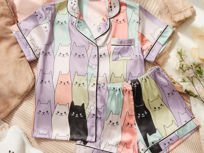 Autumn Cats Satin Pajamas Set, Halloween Pajamas Set, Cats Pajamas, Fall Cats Pajamas, Cozy Autumn Cats Pajamas, Family Matching Pajamas Set