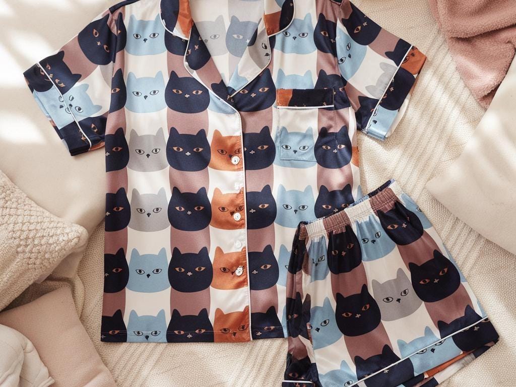 Autumn Cats Face Satin Pajamas, Halloween Pajamas Set, Cat Pajamas, Fall Cats Pajamas, Cozy Autumn Vibe Pajamas, Family Matching Pajamas Set