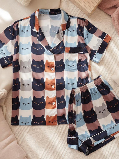 Autumn Cats Face Satin Pajamas, Halloween Pajamas Set, Cat Pajamas, Fall Cats Pajamas, Cozy Autumn Vibe Pajamas, Family Matching Pajamas Set