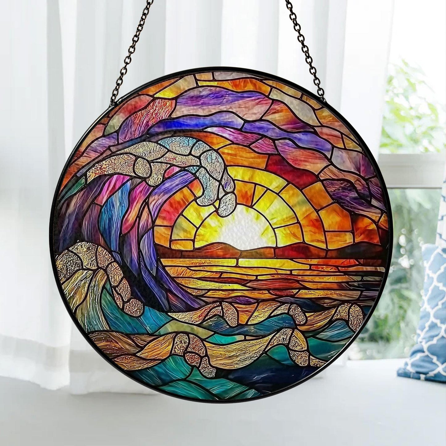 Ocean Wave Stained Glass Suncatcher, Round Hanging Window Panel, Sunset Beach Coastal Home Decor, Handmade Sea Wave Glass Art Gift