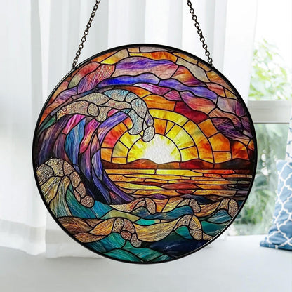Ocean Wave Stained Glass Suncatcher, Round Hanging Window Panel, Sunset Beach Coastal Home Decor, Handmade Sea Wave Glass Art Gift