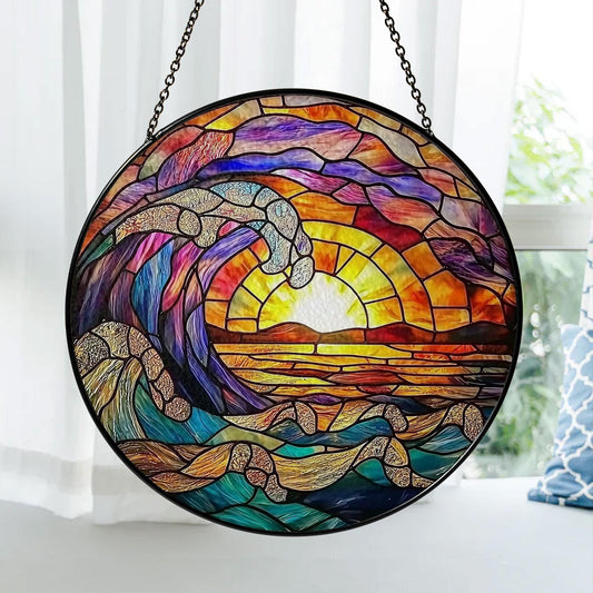 Ocean Wave Stained Glass Suncatcher, Round Hanging Window Panel, Sunset Beach Coastal Home Decor, Handmade Sea Wave Glass Art Gift