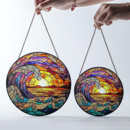 Ocean Wave Stained Glass Suncatcher, Round Hanging Window Panel, Sunset Beach Coastal Home Decor, Handmade Sea Wave Glass Art Gift