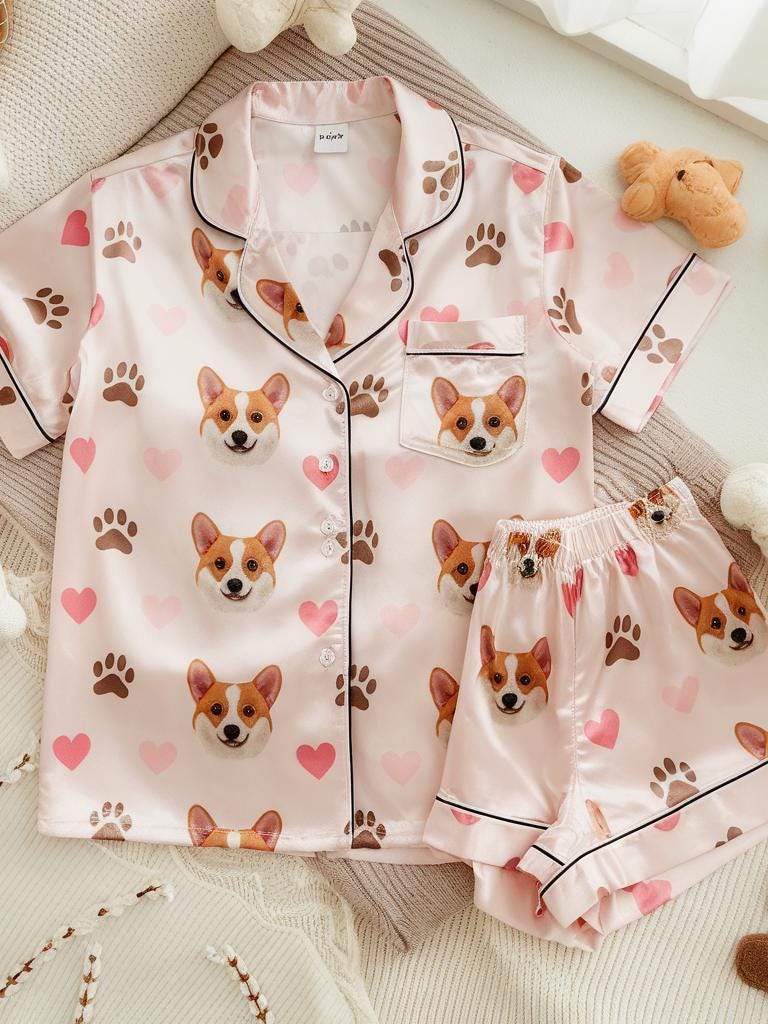 Custom Pet Face on Pajamas Set, Custom Pet Photo Pajamas, Custom Pajamas with Pet Face, Custom Short Sleeve Pajama Set, Birthday Party Gifts