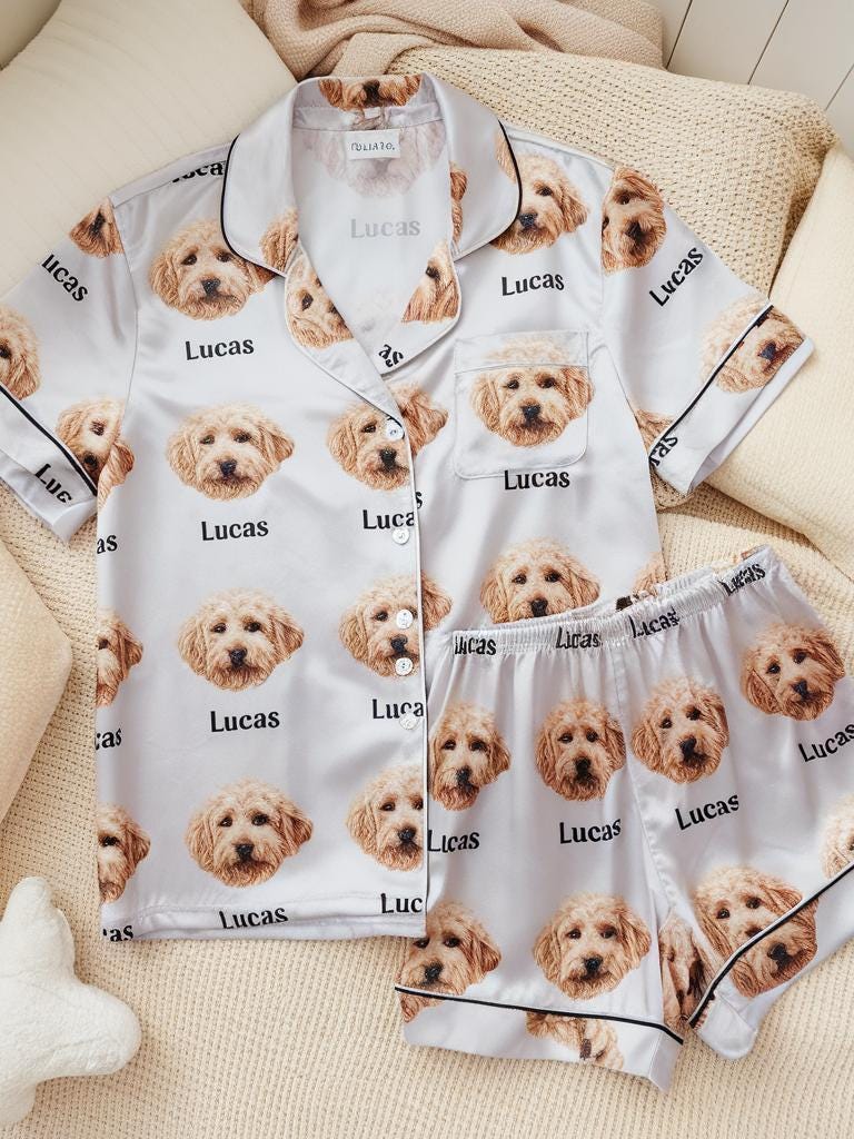 Custom Pet Face on Pajamas Set, Custom Pet Photo Pajamas, Custom Pajamas with Pet Portrait, Custom Pet Name Pajama Set, Birthday Party Gifts