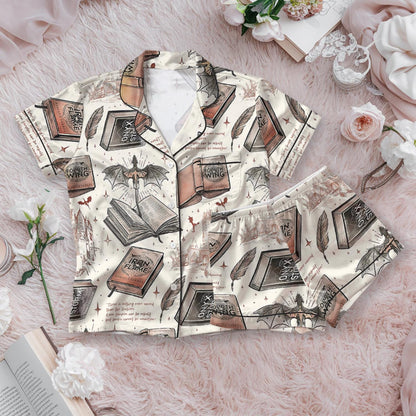Fourth Wing Fantasy Bookish Satin Pajamas Set, Dragon Rider Bookish Loungewear Set, Romantasy Satin Sleepwear