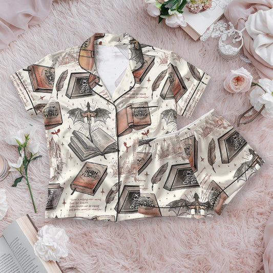 Fourth Wing Fantasy Bookish Satin Pajamas Set, Dragon Rider Bookish Loungewear Set, Romantasy Satin Sleepwear