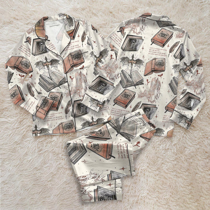 Fourth Wing Fantasy Bookish Satin Pajamas Set, Dragon Rider Bookish Loungewear Set, Romantasy Satin Sleepwear