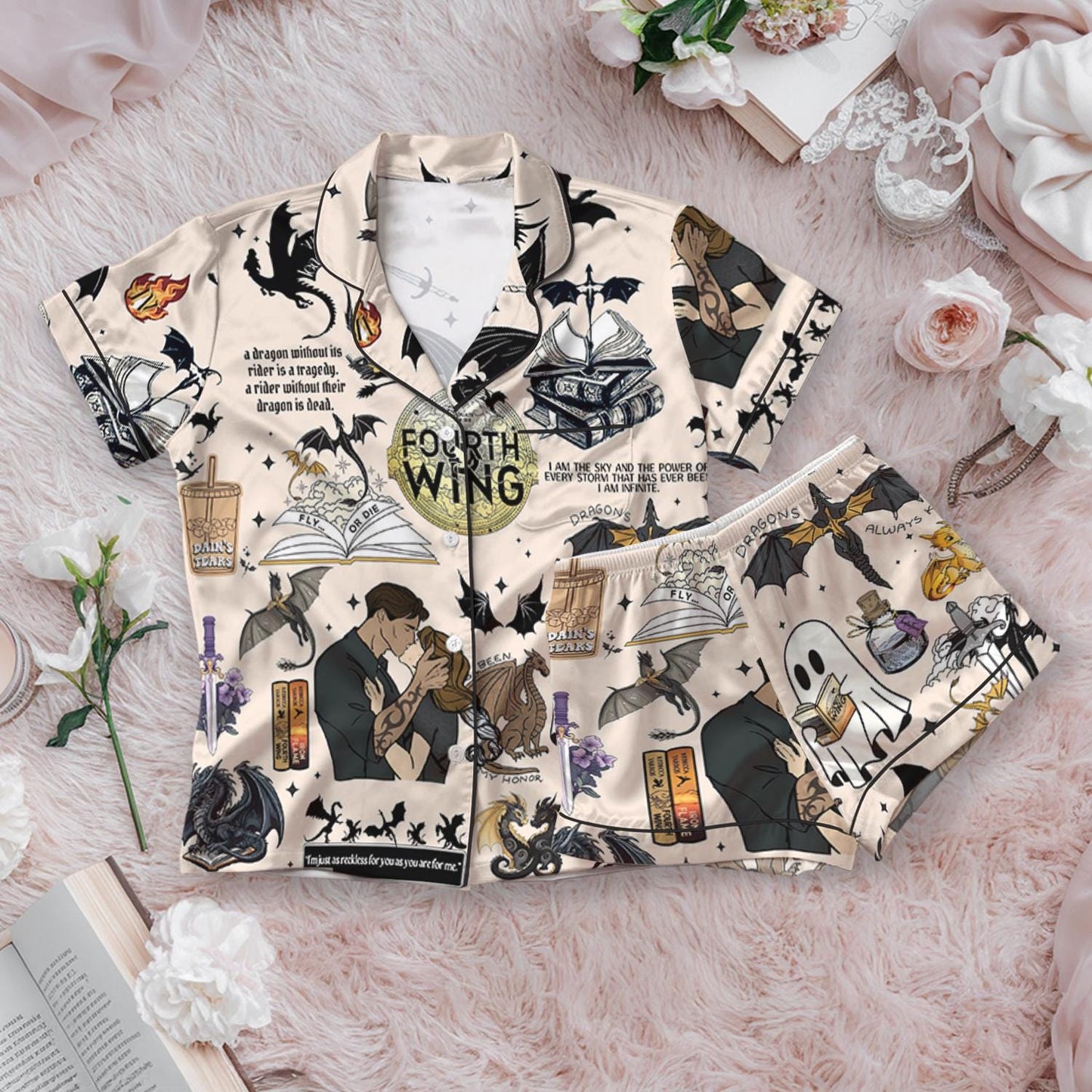 Fourth Wing Satin Pajamas Set, Dragon Fly Or Die Bridesmaid Pajamas, Dragon Bookish Pajamas