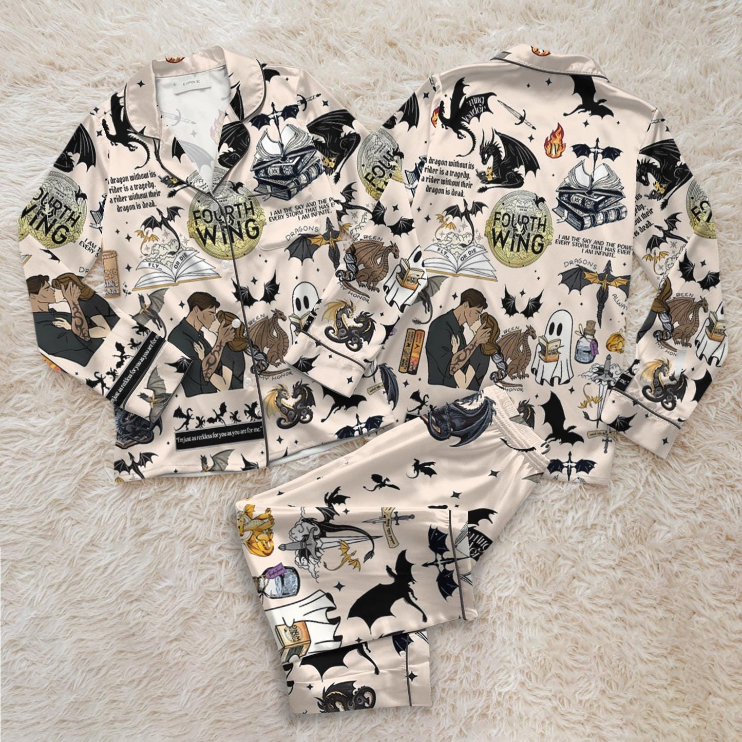 Fourth Wing Satin Pajamas Set, Dragon Fly Or Die Bridesmaid Pajamas, Dragon Bookish Pajamas