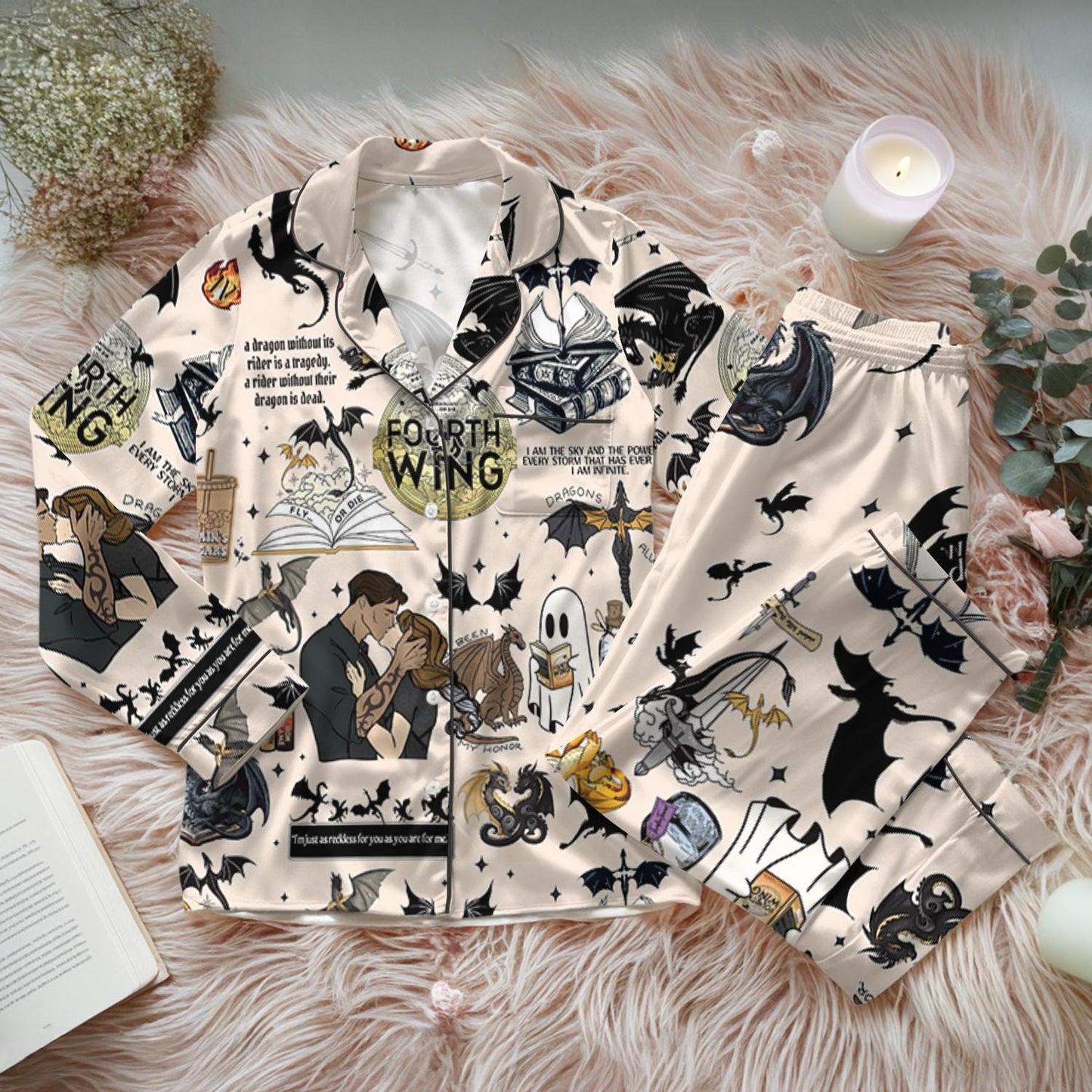 Fourth Wing Satin Pajamas Set, Dragon Fly Or Die Bridesmaid Pajamas, Dragon Bookish Pajamas
