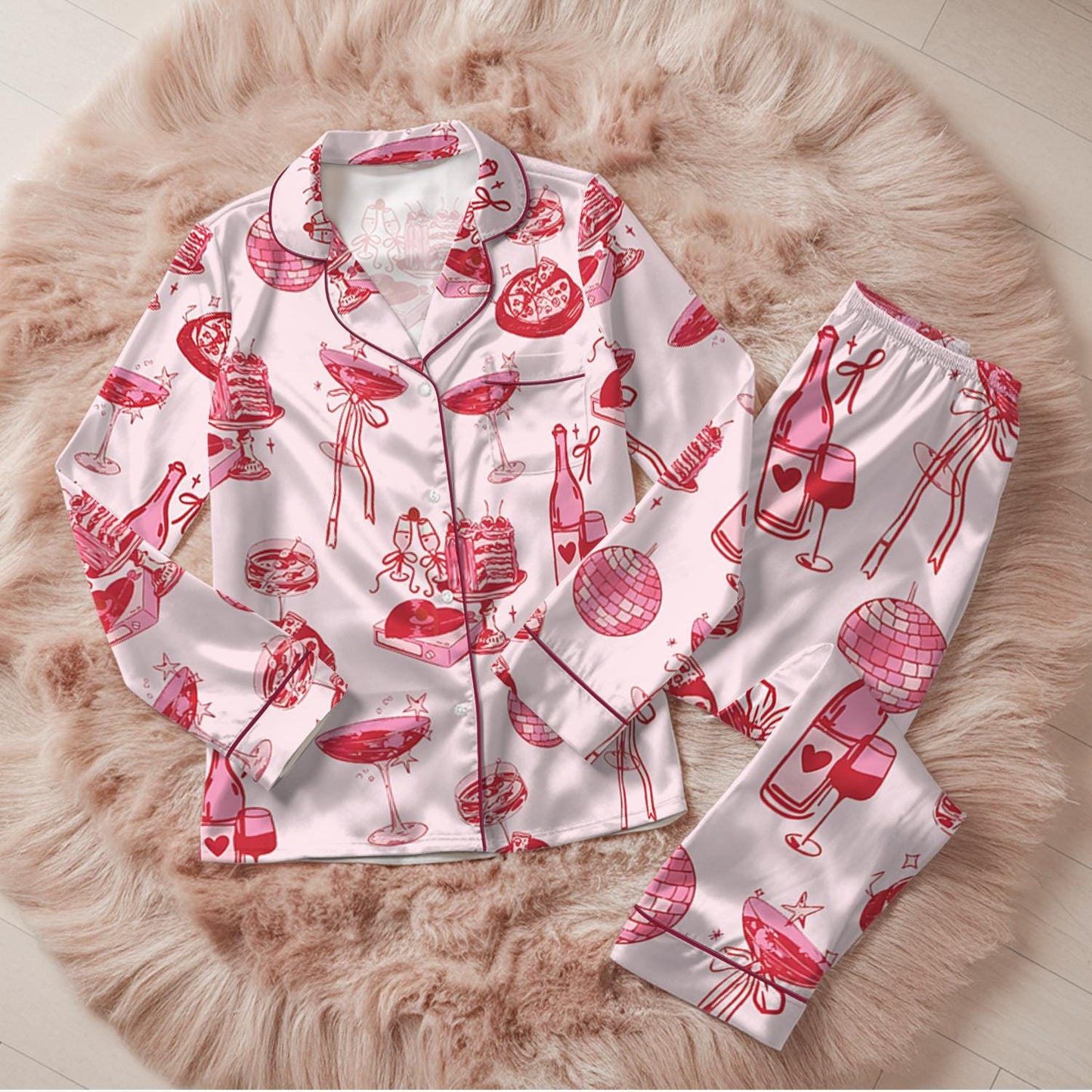 Cocktail Girl Social Club Satin Pajama Set, Retro Disco Ball Margarita Pjs, Cocktail Bow Loungewear, Cute Girly Party Pjs