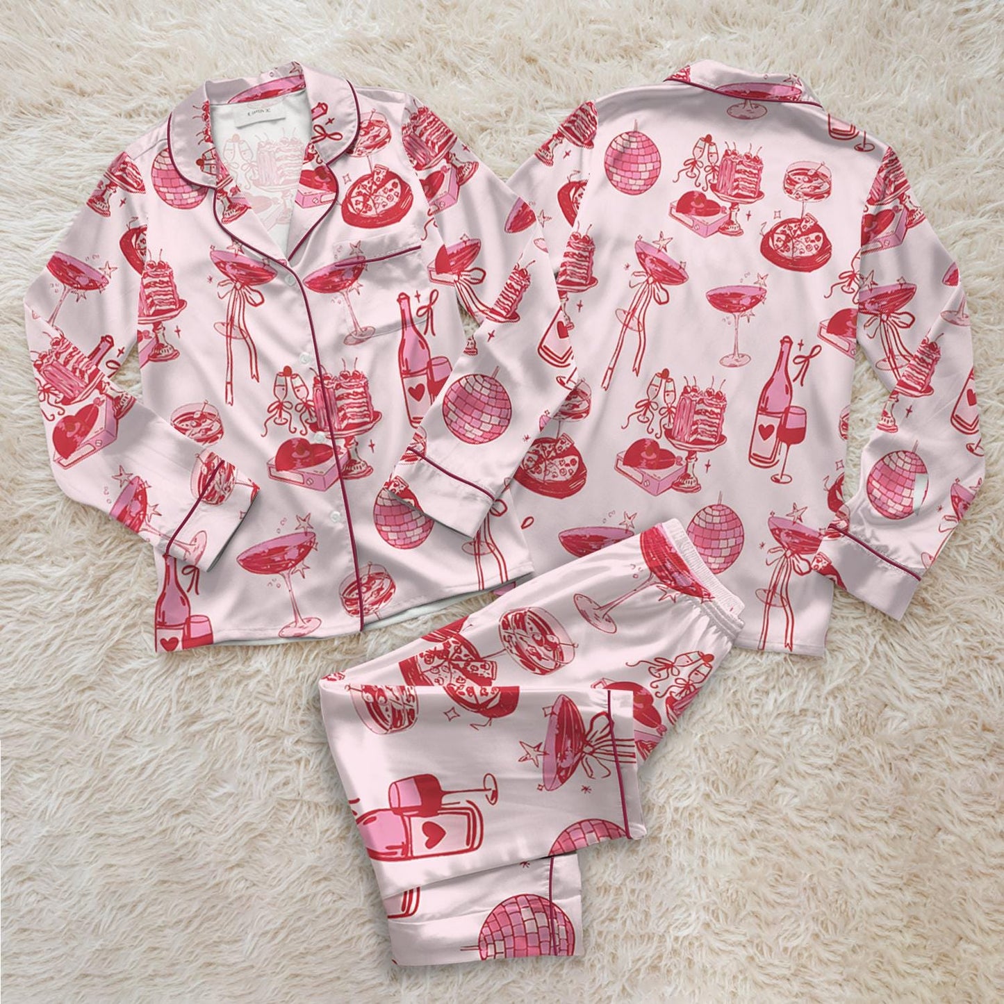 Cocktail Girl Social Club Satin Pajama Set, Retro Disco Ball Margarita Pjs, Cocktail Bow Loungewear, Cute Girly Party Pjs