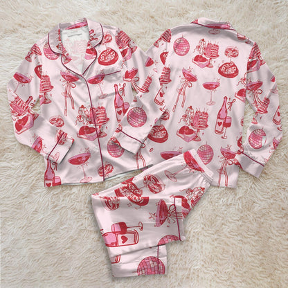 Cocktail Girl Social Club Satin Pajama Set, Retro Disco Ball Margarita Pjs, Cocktail Bow Loungewear, Cute Girly Party Pjs