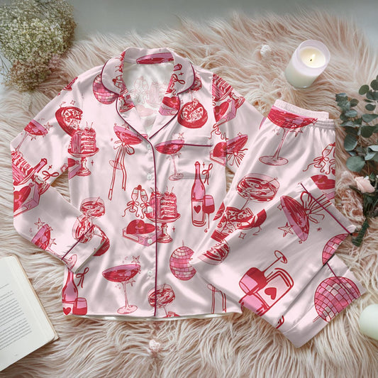 Cocktail Girl Social Club Satin Pajama Set, Retro Disco Ball Margarita Pjs, Cocktail Bow Loungewear, Cute Girly Party Pjs