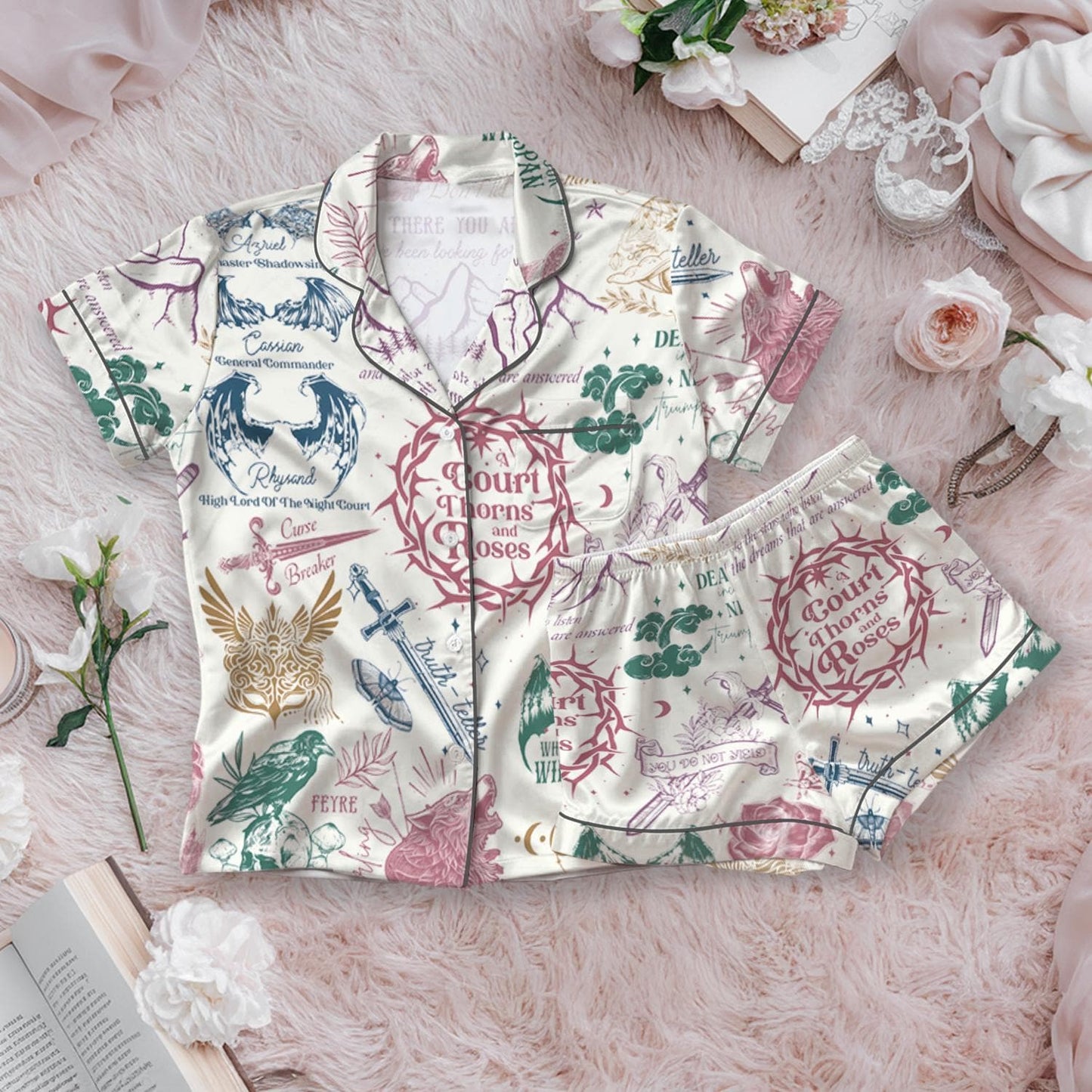 Velaris ACOTAR Satin Pajamas Set, A Court of Thorns and Roses Sleepwear, Fantasy Book Lover Gift, Cozy Bookish Pjs