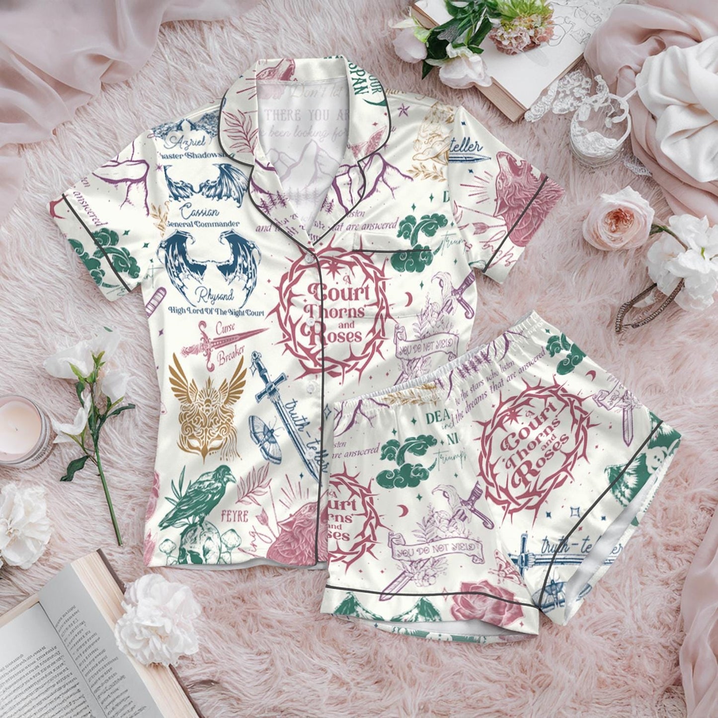 Velaris ACOTAR Satin Pajamas Set, A Court of Thorns and Roses Sleepwear, Fantasy Book Lover Gift, Cozy Bookish Pjs