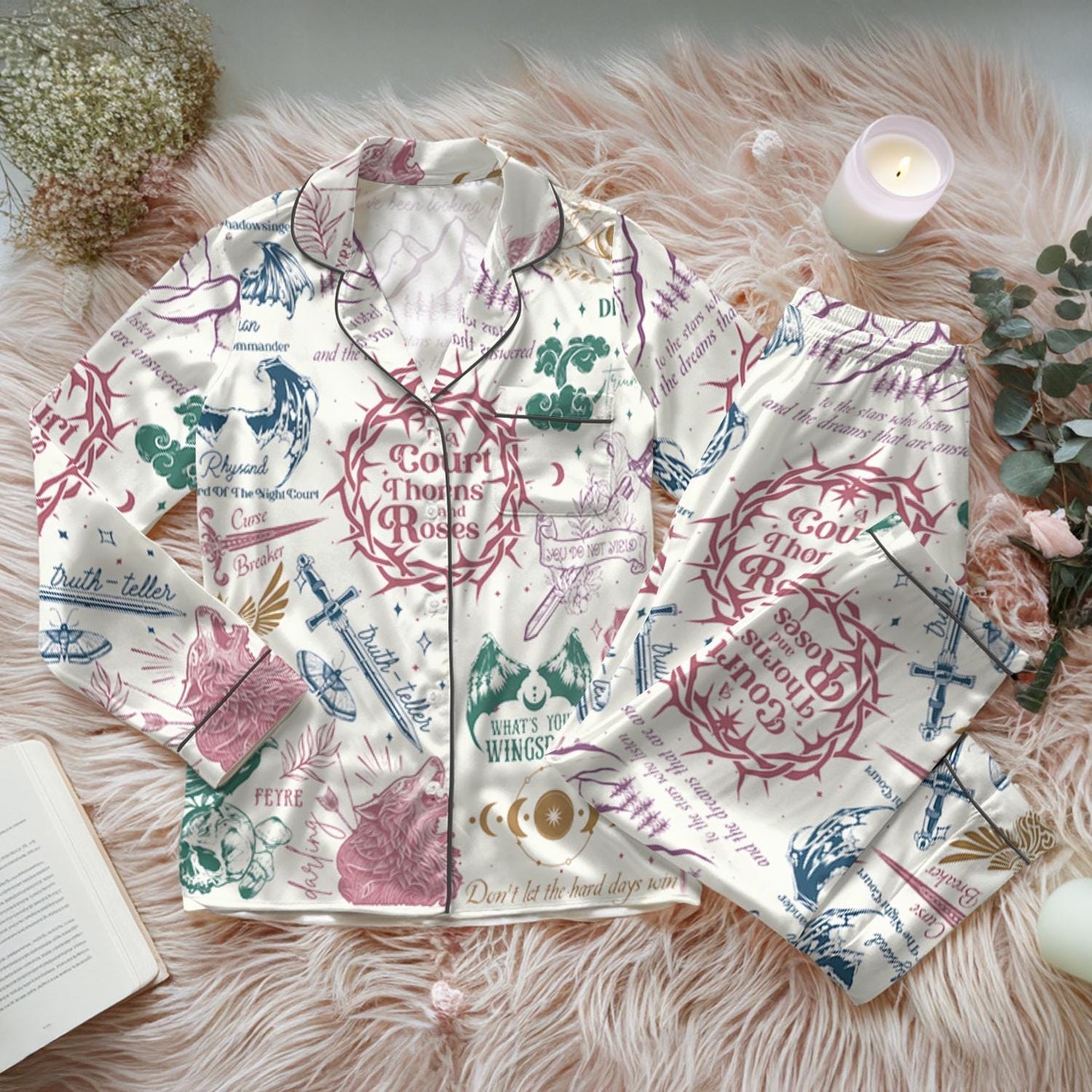 Velaris ACOTAR Satin Pajamas Set, A Court of Thorns and Roses Sleepwear, Fantasy Book Lover Gift, Cozy Bookish Pjs