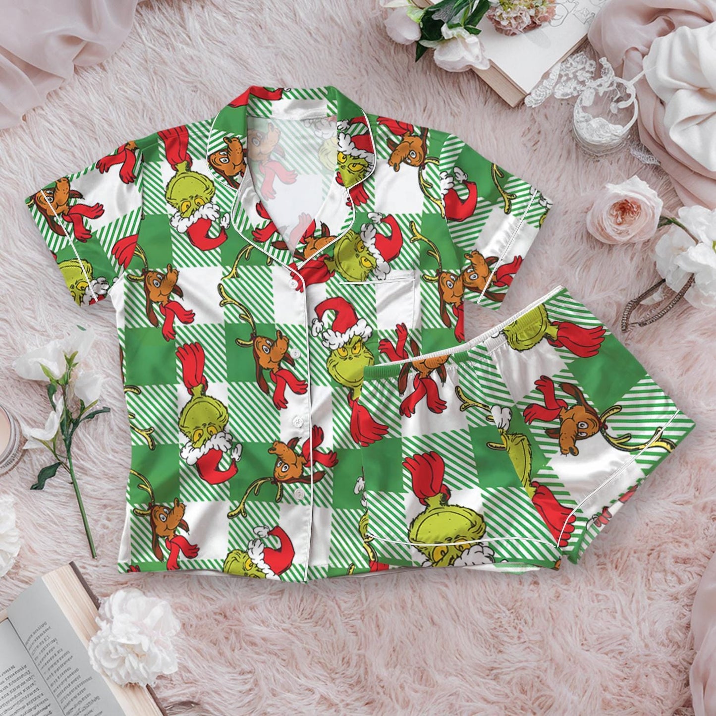 Grinch Christmas Coquette Pajama Set, Grinchmas Christmas Sleepwear, Green Guy Pajamas, Christmas Movie Character Pjs