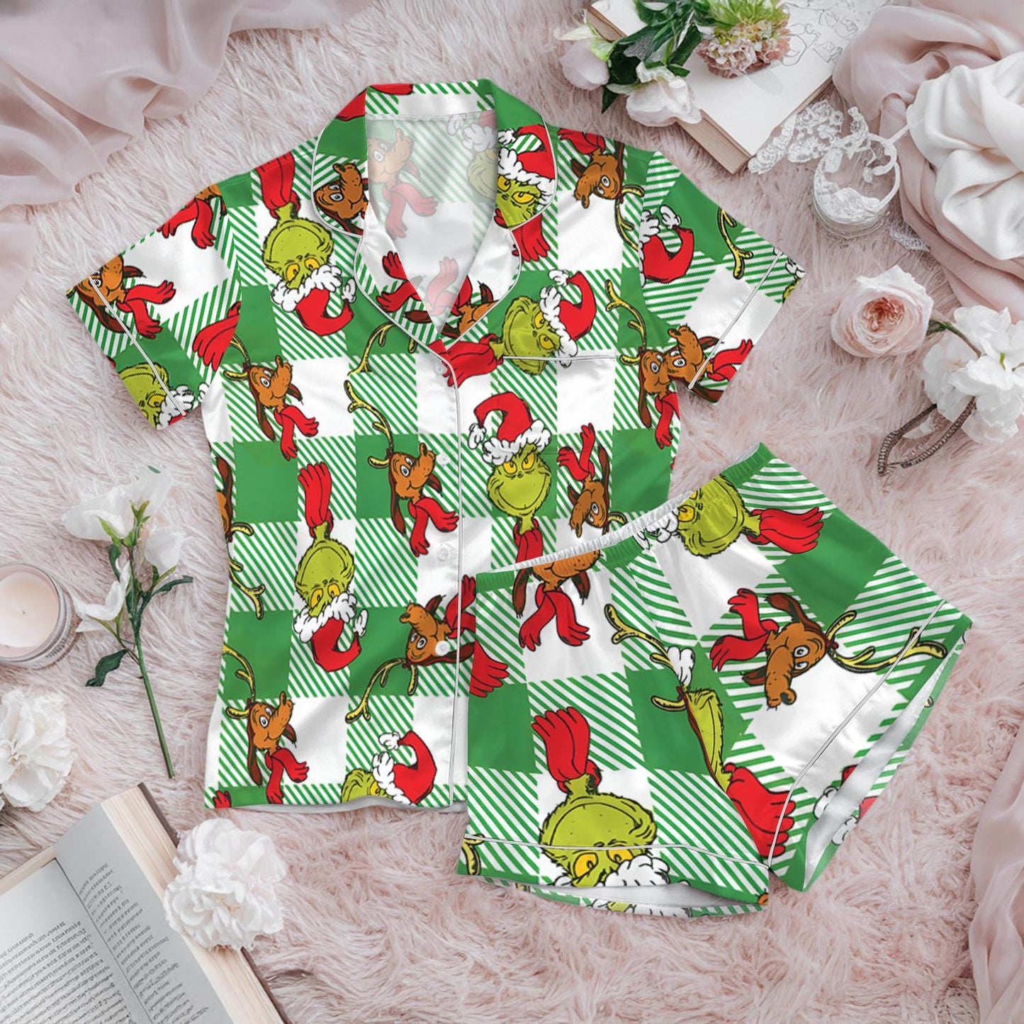Grinch Christmas Coquette Pajama Set, Grinchmas Christmas Sleepwear, Green Guy Pajamas, Christmas Movie Character Pjs