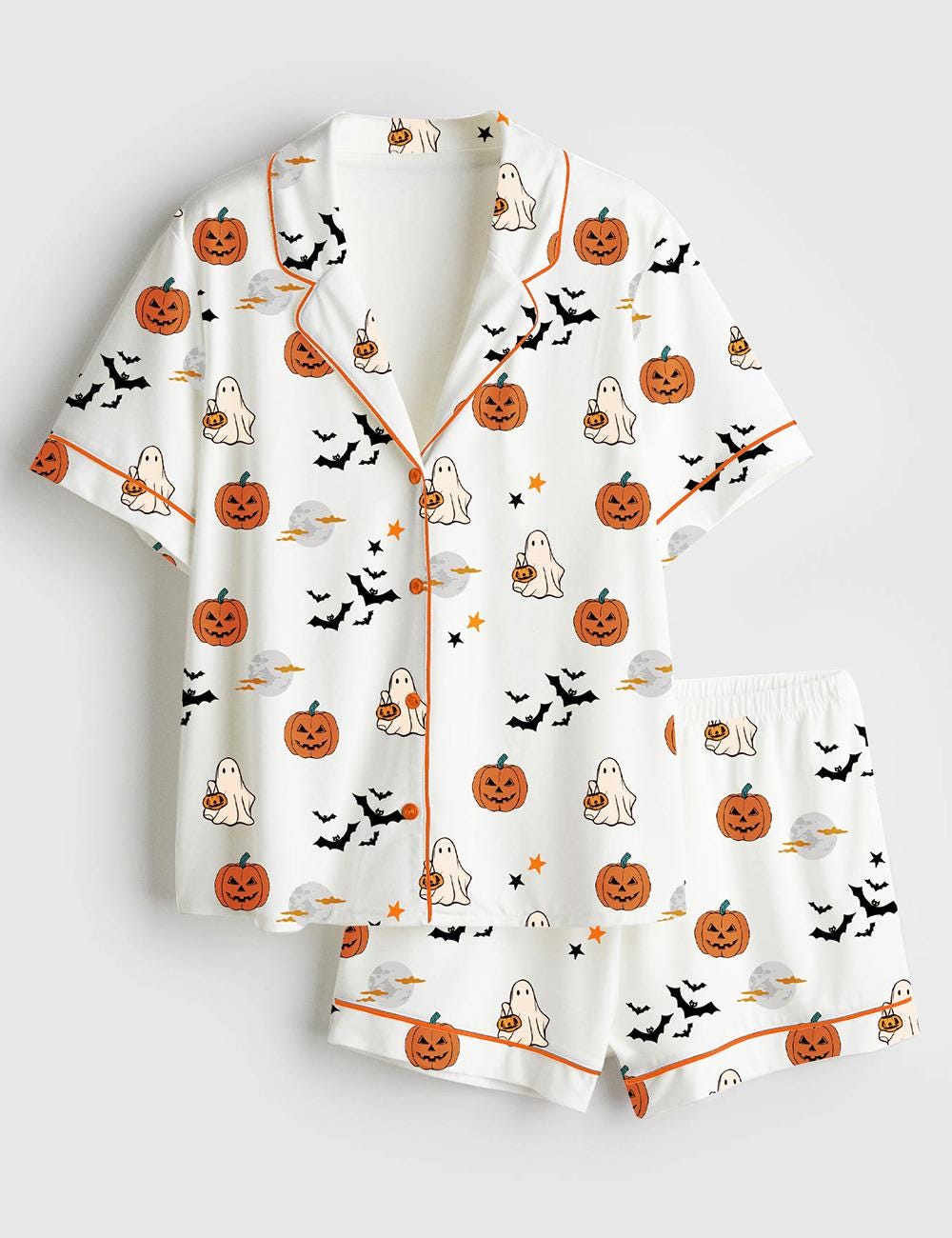 Women’s Spirit Halloween Pumpkin Boo Short Sleeve Satin Pajama Set, Pajamas Set short Long Gift For Women