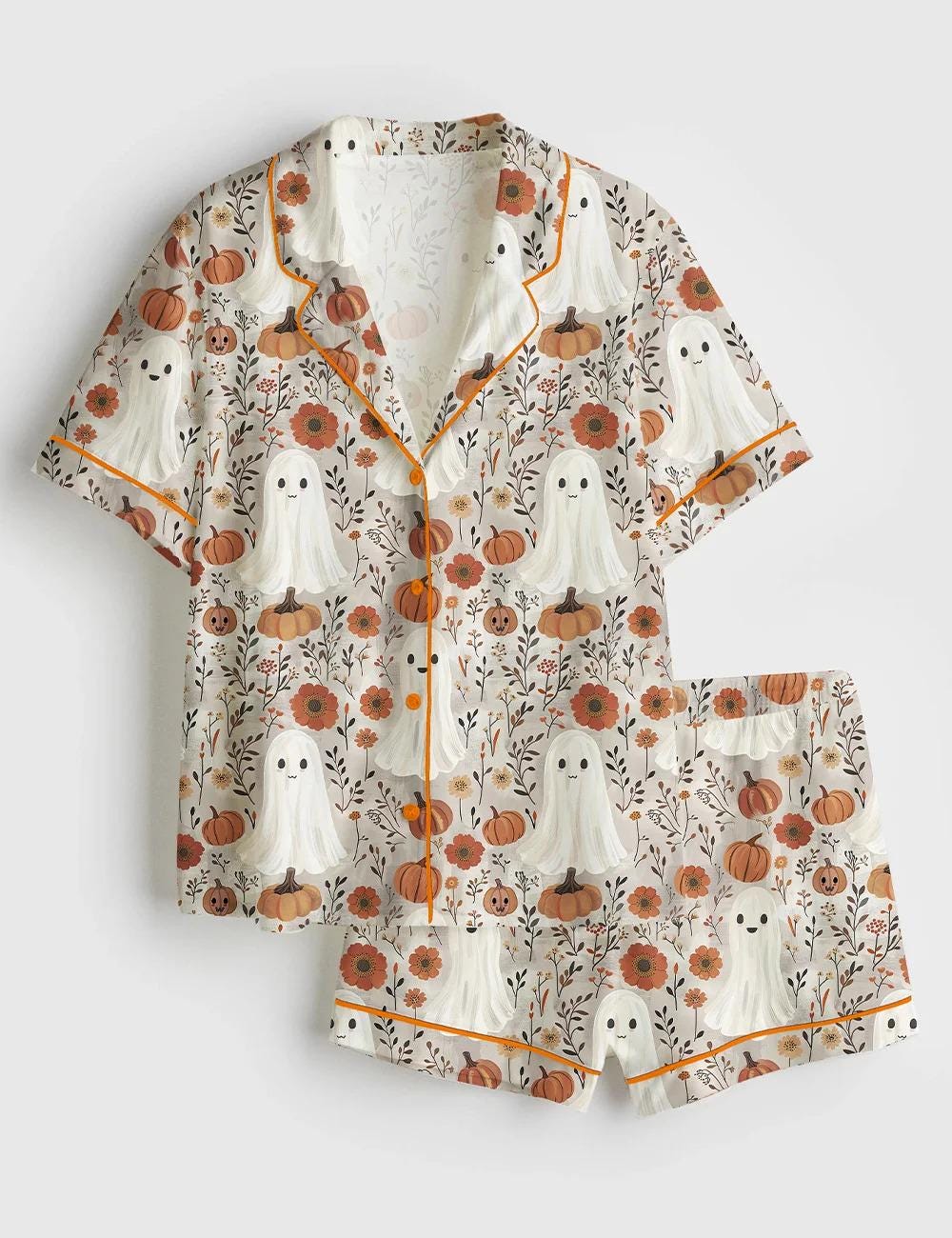 Women’s Cute Ghosts And Pumpkins Halloween Long Sleeve Satin Pajama Set, Pijamas short Long Set Gift For Women