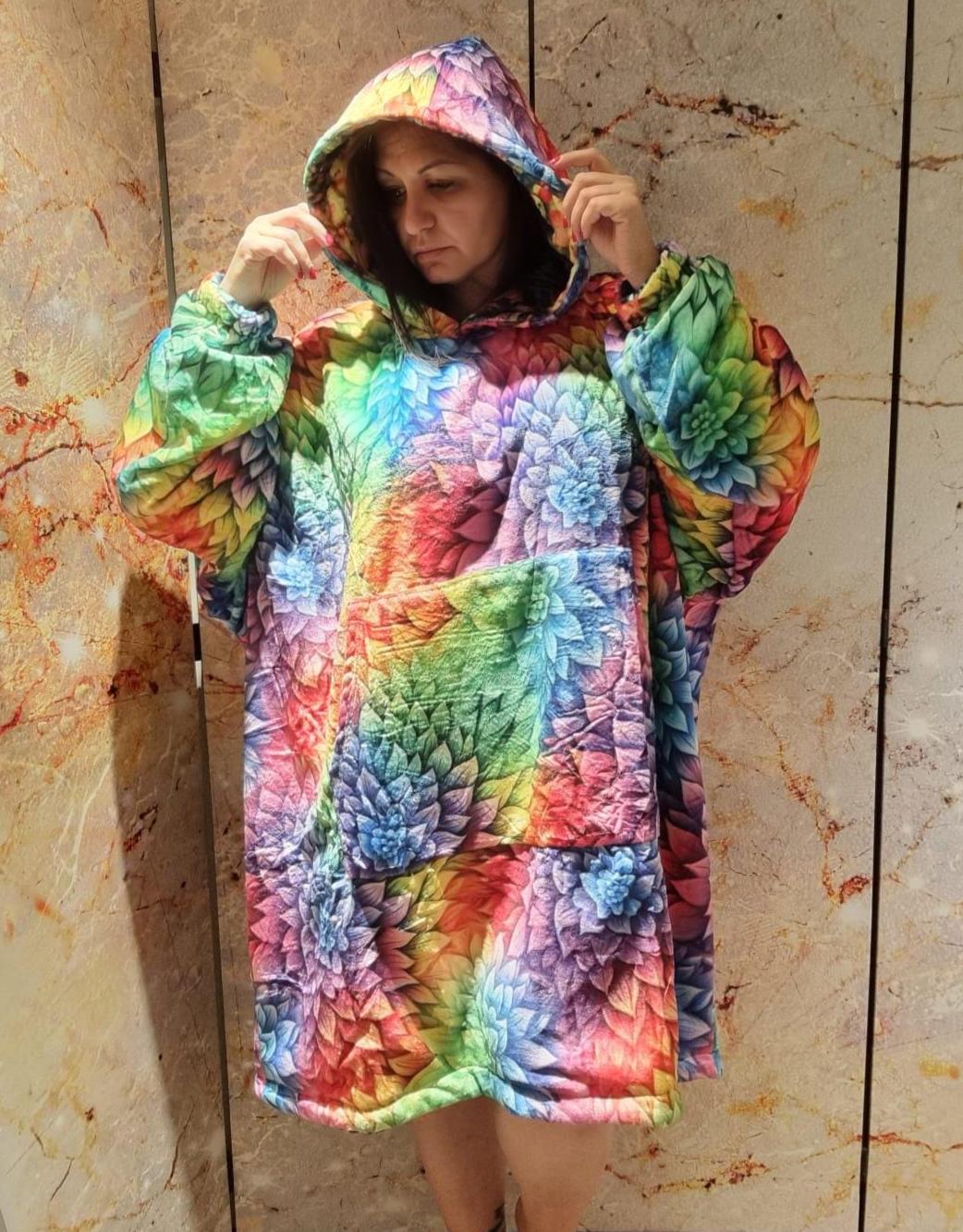 Rainbow Reversible Snug Hoodie LGBTQ Pride Flag Print Pullover Hooded Blanket with Sleeves Vivid Colours All Over Print Hoodie