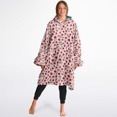 Rose Print Reversible Snug Hoodie Fluffy Sherpa Hoodie Flower Print Wearable Blanket Double Sided Blanket with Hood Christmas Gift
