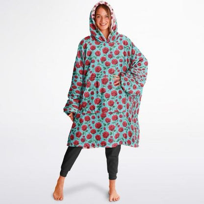 Rose Print Reversible Snug Hoodie Fluffy Sherpa Hoodie Flower Print Wearable Blanket Double Sided Blanket with Hood Christmas Gift