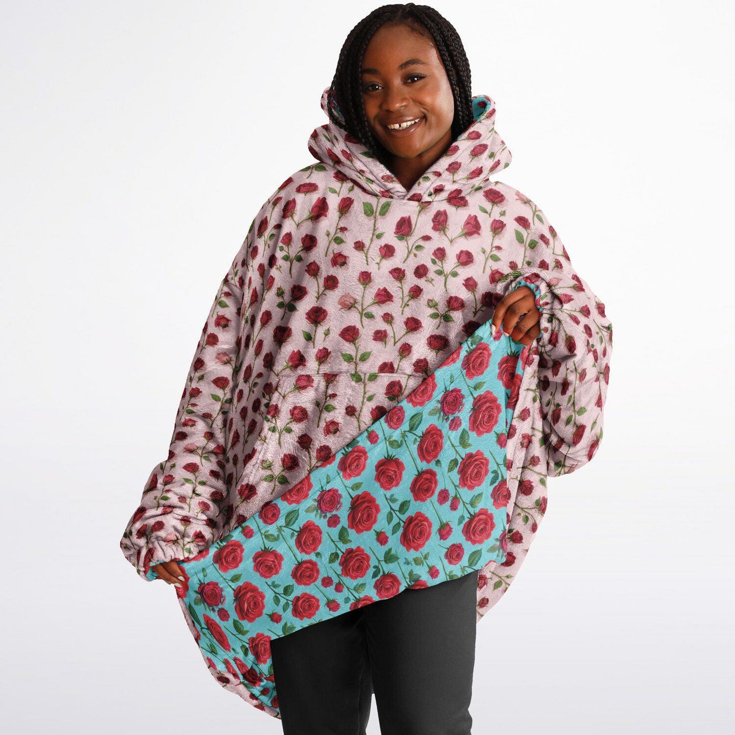 Rose Print Reversible Snug Hoodie Fluffy Sherpa Hoodie Flower Print Wearable Blanket Double Sided Blanket with Hood Christmas Gift