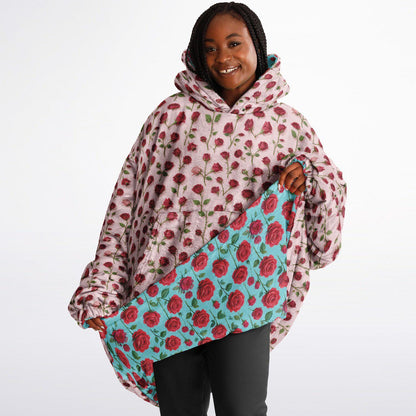Rose Print Reversible Snug Hoodie Fluffy Sherpa Hoodie Flower Print Wearable Blanket Double Sided Blanket with Hood Christmas Gift
