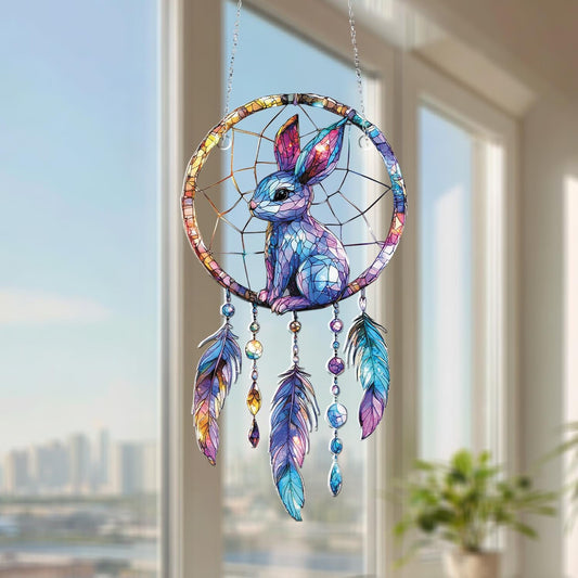 Colorful Bunny Dreamcatcher Window Hanging with Feathers and Beads, Perfect Boho Decor Gift for Home or Special Occasions