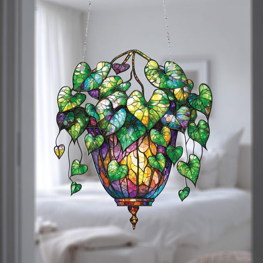 Colorful Hanging Plant Window Decoration with Heart Shaped Leaves, Nature Inspired Boho Style Art for Home or Garden Lovers